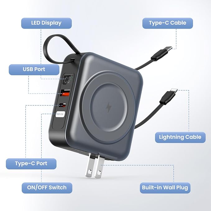 for Magsafe Portable Charger with AC Wall Plug, 6-in-1 Magnetic Wireless Power Bank 10000mAh Built-in Cables, 22.5W Type-C in&Out Fast Charging Battery Pack for iPhone 17/16/15/14/13/12 Series, Gray - Image 7