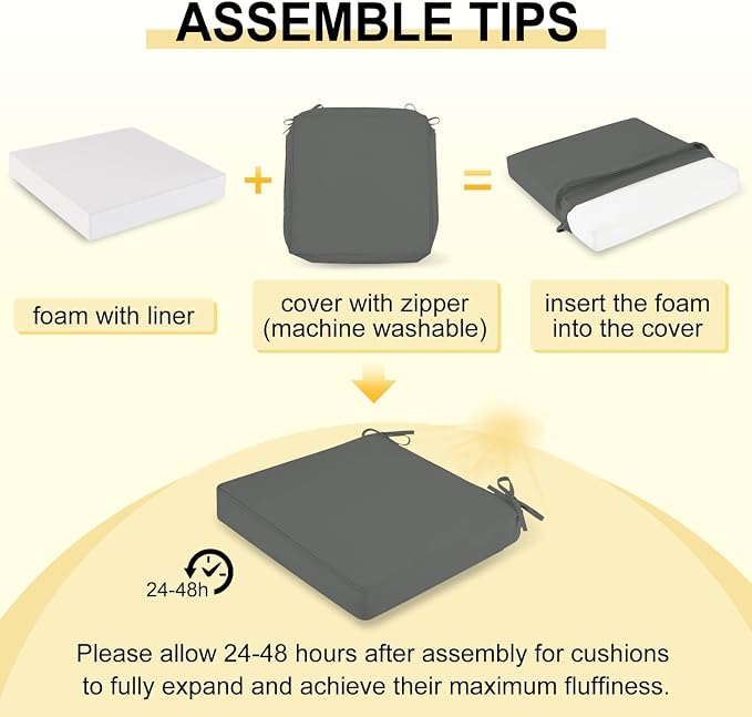 downluxe Waterproof Outdoor Chair Cushions for Patio Furniture, 18" x 18" x 2" Patio Chair Cushion with Non-Slip Ties & Portable Handle, Square Outdoor Cushion with Removable Cover, Dark Grey, 2 Pack - Image 7
