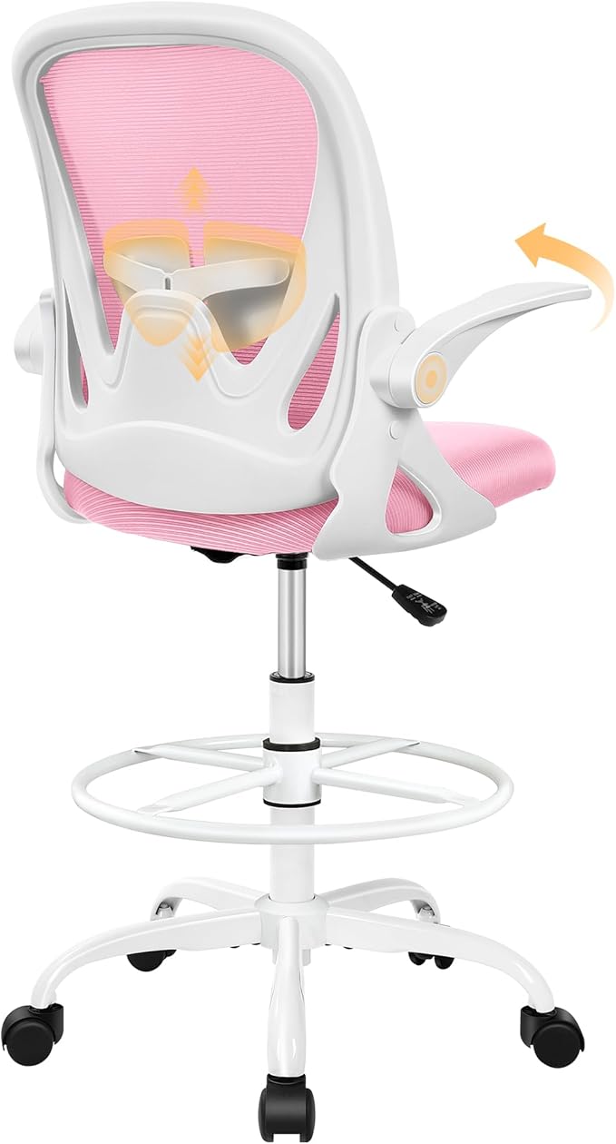 Drafting Chair Tall Office Chair with Flip-up Armrests Executive Ergonomic Computer Standing Desk Chair with Lumbar Support and Adjustable Footrest Ring (Pink) by Primy