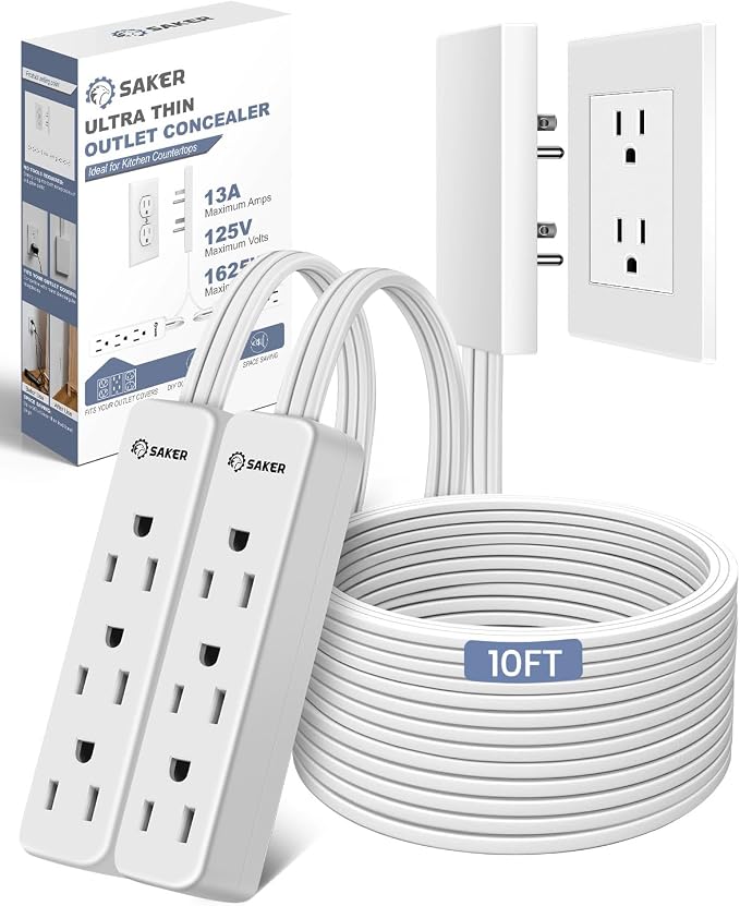 Saker Dual 10ft Flat Extension Cord Outlet Cover, 3 Outlets, White | Dual 10ft Flat Extension Cords, Universal Outlet Concealer Design, Low-Profile Flat Plug, Baby Proof Cable Management by Saker