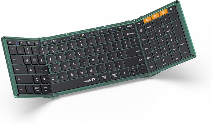 ProtoArc XK01 Full-Size Foldable Bluetooth Keyboard for Travel, Green | 105 keys, number pad, 0.65in keycaps, 3-device Bluetooth 5.1 switching, USB-C charging, for laptop tablet phone by ProtoArc