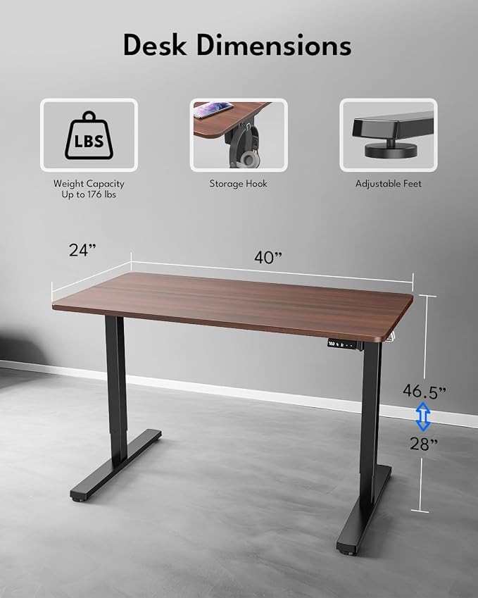 Electric Standing Desk, Gaming Desk, 40 x 24 Inch, Walnut | Height Adjustable Computer Desk with Smart Controller, Sit and Stand Up Table for Home, Office, Work, Study, Writing - Image 2