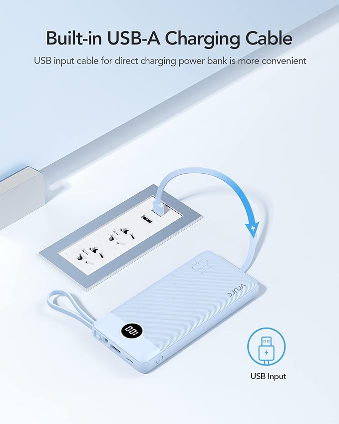 VRURC Portable Charger Power Bank, Built-in 4 Cables & 2 Ports 10000mAh | LED Display Slim Battery Pack,Compact Travel Essential Portable Phone Charger 5 Output for Multi Devices,Student/Teens(1Pack) - Image 3