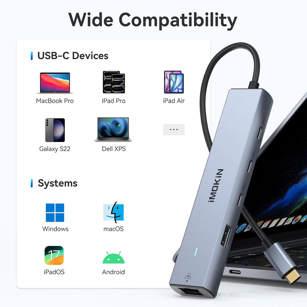 MOKiN 10Gbps USB C Hub Ethernet, 7 in 1 USB C Adapter for MacBook Pro/Air with 4K@60HZ HDMI, 3*USB-C 10Gbps Data, RJ45, USB 2.0, 100W PD, USB C Dongle for MacBook Pro/Air/Dell/HP/Thinkpad/Lenovo. - Image 7