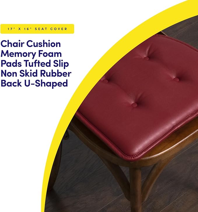 Sweet Home Collection Chair Cushion Memory Foam Pads Tufted Slip Non Skid Rubber Back U-Shaped 17" x 16" Seat Cover, 2 Count (Pack of 1), Faux Leather Burgundy Red - Image 3