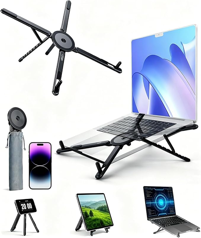 miley Laptop Stand for Desk, 8-Level Adjustable, Magnetic Phone Mount Black | For 13–17 in laptops. Aluminum build, anti-slip support and fold-flat portability. Includes a magnetic ring and carry bag. by MILEY