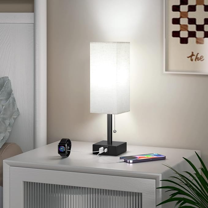 Small Bedside Table Lamp for Bedroom - Desk Lamp For Nightstand, USB C+A | Pull Chain Lamp, 3 Color Modes(3000K/4000K/5000K), E26 LED Bulb Included, Square Beige Fabric Lampshade, for Read, Work, Dorm - Image 7
