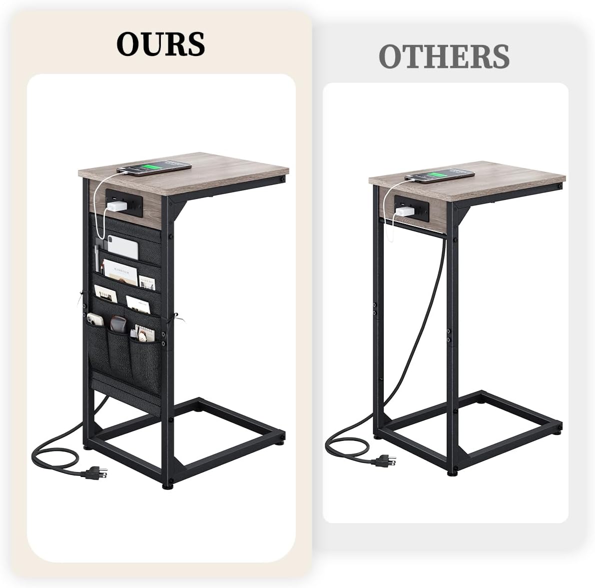 C-Shaped End Table with Fast-Charging Station, Small Couch Side Table with Storage Bag, Sofa TV Tray Table for Living Room, Bedroom, Bedside ET-GY-1 - Image 3
