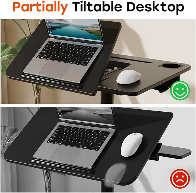 JOY worker Rolling Standing Desk, 60° Tiltable Mobile Laptop Desk, Black | Pneumatic Height Adjustable Cart, Portable Stand Up Desk with Wheels & Cup Holder for Office Home School, Holds Up to 22lbs - Image 3