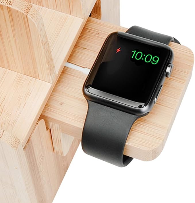 MobileVision Slim Bamboo Charging Station & Compatible Adapter for Apple Watch Multi Device Organizer, Smartphones, Tablets, Laptops & More - Image 4