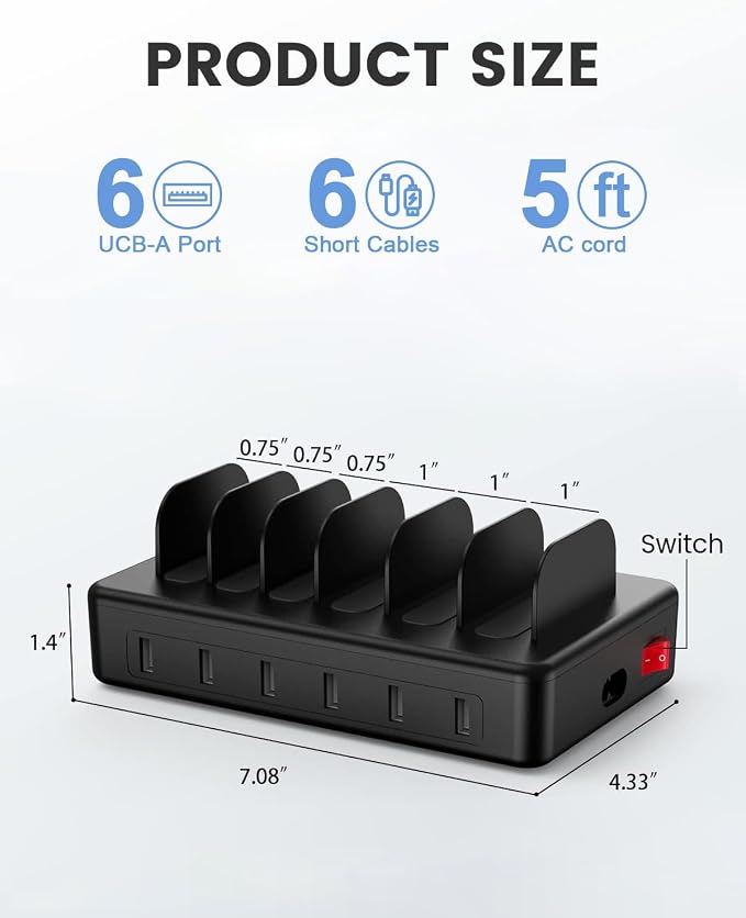 50W 6 Ports Multi Charger Station, USB Charging Dock for Multiple Devices | with 6 Cables, 1 USB-A to USB-C Adapter Converter, Compatible with Cellphone iPad Kindle Tablet and Other Electronic Devices - Image 7