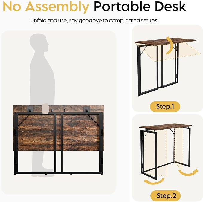 39.4" Folding Desk: No Assembly, Wood Top for Small Spaces | 39.4 in dual-monitor workspace, holds 150 lbs, folds flat to 2.3 in, splash-proof top, home office or gaming - Image 6