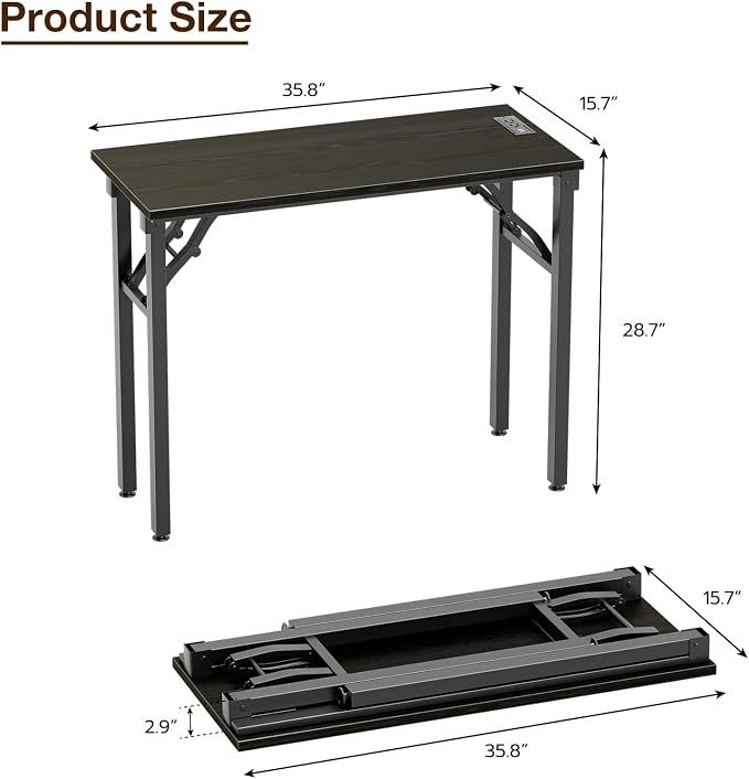 TEMI Small Computer Desk Folding Table - No Assembly, Compact 35.8" Foldable Desk with Power Outlets & USB Charging Port, Portable Small Office Desk, Ideal Mini Study Table, Dark Oak - Image 3