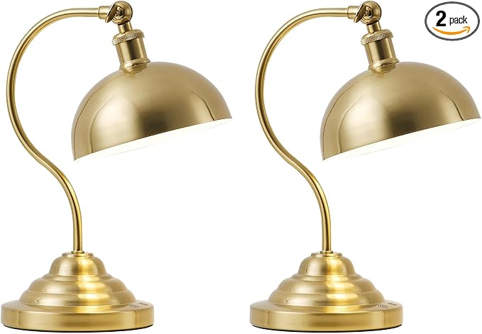 KARTOOSH Cordless LED Table Lamp Set of 2, Battery Operated Desk Lamps with Swing Arm & Plastic Shade, Vintage Small Rechargeable Dimmable Light for Bedroom, Living Room, Nightstand, Brass by KARTOOSH