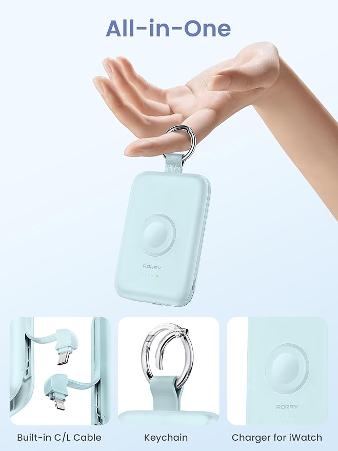 RORRY CharmGo Portable Charger, 10000mAh 20W Fast Charging Power Bank | Built-in Cables, Travel Keychain Battery Pack Essentions for Apple Watch 1~11 Series/Ultra/SE & iPhone Air/17/16/15/14/13/12 - Image 2