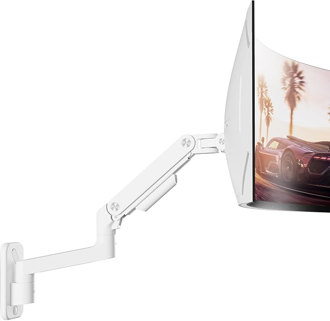 ARES WING Wall Mount Monitor Arm for 17-49 Inch Ultrawide Screens, White | Heavy Duty Single Monitor Arm Holds 44 lbs, Fully Adjustable Gas Spring Monitor Wall Mount, 75x75/100x100 VESA Mount by ARESWING