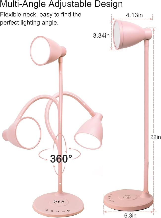 BOHON Cute Desk Lamp for Home Office with USB C+A Charging Port Timer Pink | LED Desk Light with Wireless Charger 5 Colors Stepless Dimming Reading Light Touch Bedside Table Lamp for College Dorm Room - Image 6