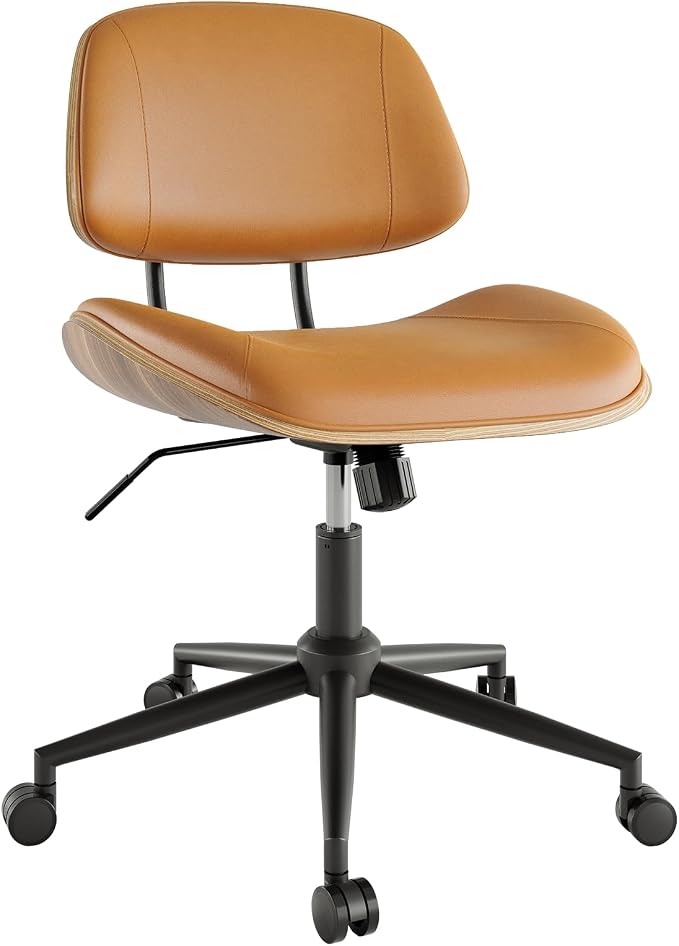 Armless Office Chair with Wheels, PU Leather Desk Chair, Brown | Adjustable Height Task Chair, 360° Swivel Ergonomic Computer Chair for Small Space, Modern Walnut Style, Home & Meeting Room - Image 8