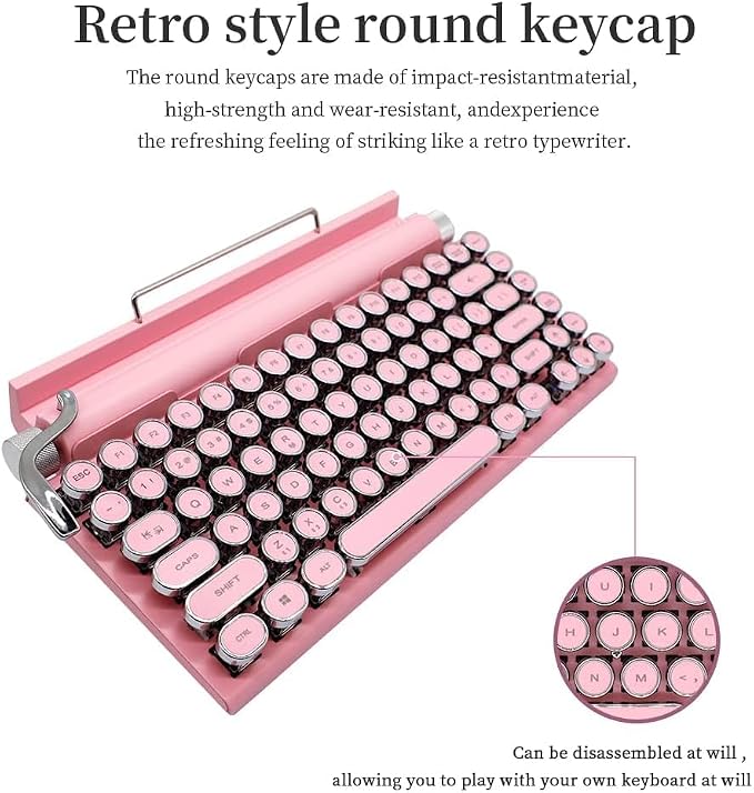 Adventurers Typewriter-Style Retro Mechanical Keyboard LED Backlight 83 Keys Bluetooth 5.0 Blue Axis,Compatible with iOS/Android/Windows/Vista/Linux/Mac Office/Gaming, 12.3x6.6x1.6in (Pink) - Image 7