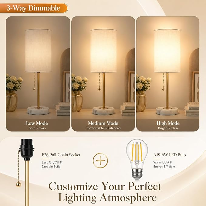 JUNNAI Table Lamps Set of 2, Gold Bedside Lamps, 3 Way Dimmable Nightstand Lamps with Marble Base & Linen Shade &Pull Chain,18.5 Inches Tall Skinny Desk Lamps for Bedroom Living Room(Bulbs Included) - Image 2