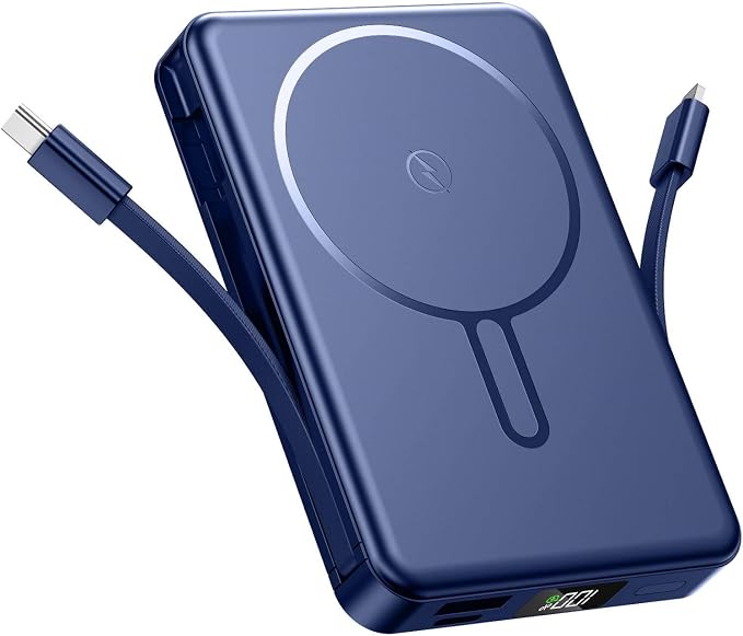 Magnetic Portable Charger 10000mAh Built in Cable for Magsafe Power Bank | Fast Charging 22.5W ExternalBattery Pack Compatible with iPhone 17/16/15/14/13/12 Pro/Pro Max, Samsung Blue by Unknown
