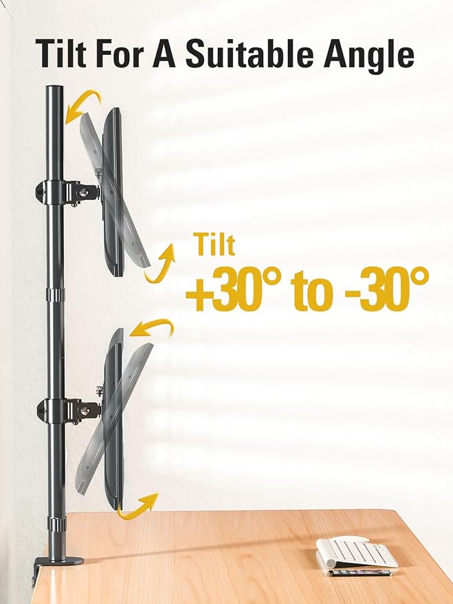 Stable Vertical Dual Monitor Stand, Stacked Monitor Mount for 2 Screens Up to 32 inch, Full Motion Monitor Desk Mount with Swivel, Tilt, Rotation, Holds 17.6 lbs Each, Max VESA 100x100mm - Image 6