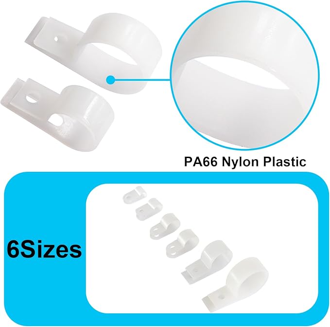 TWTADE 306PCS White Cable Clamps Assortment Kit, Nylon Plastic R-Type 6 Sizes 3/16'' 1/4'' 3/8'' 1/2'' 3/4'' 1'' Cable Mounting Wire Clips Fastener with Screws for Wire Management - Image 3