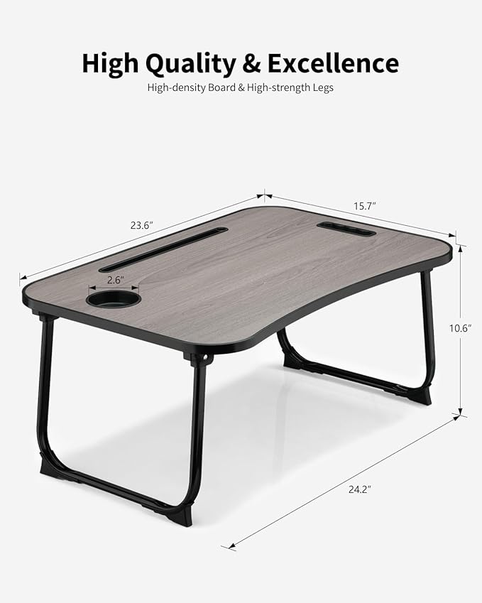 Foldable Lap Desk, Laptop Bed Desk, Portable Lap Table, Laptop Bed Table with Cup Holder & Tablet Slot & Lifting Handle for Working Writing Drawing & Eating - Gray - Image 4