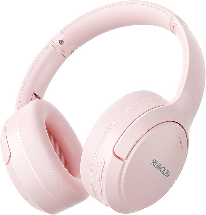RUNOLIM Hybrid Active Noise Cancelling Headphones, Wireless Over Ear Bluetooth Headphones with Microphone, 100H Playtime, Foldable Headphone with HiFi Audio, Deep Bass for Home Travel Office（Pink） by RUNOLIM