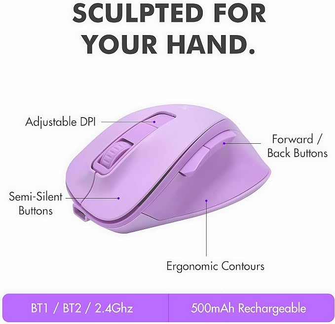 X9 Ergonomic Keyboard and Mouse Wireless Combo - Purple Keyboard and Mouse Wireless, Bluetooth/2.4G Split, Wrist Rest, Rechargeable, Silent Ergo Keys - PC, Mac, iOS, Android - Image 9