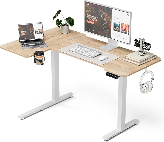 L Shaped Electric Standing Desk - 43x31.5 Inch Reversible Corner Sit Stand Desk with Hook&Cup Holder,Electric Height Adjustable Table,for Small Home Office&Bedroom Computer Desk, Oak by Acrolix