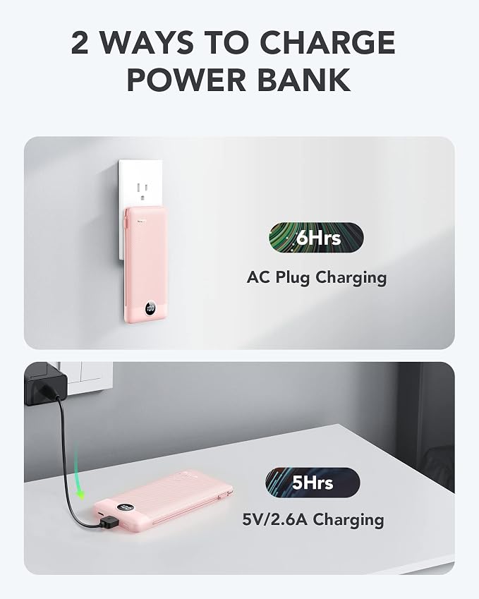 VRURC Portable Charger, Power Bank Built-in Cables and AC Wall Plug | USB C Power Bank 10000mAh Travel Essentials Phone Charger Compact External Battery Pack For Smart Phones, Tablets etc-Pink - Image 4
