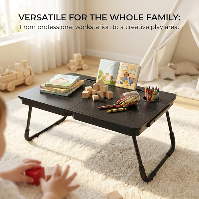 BUYIFY 23.4" Foldable Lap Desk Bed Table with Cup Holder Tray Black | Portable Folds Flat for Easy Storage, No Assembly Laptop Bed Desk, Sturdy and Lightweight, Patent Design - Image 6