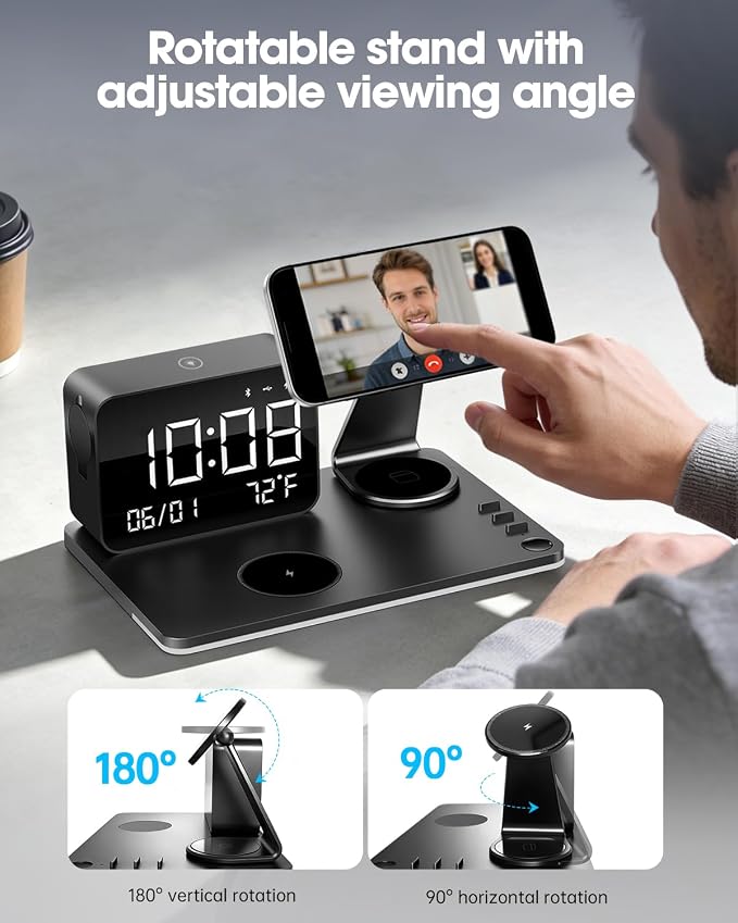 7-in-1 Magnetic Wireless Charging Station with Digital Clock & LED Lamp | 65W Power Adapter, 25W Fast Charging, 6-Device Charging Hub, Rotatable Stand, Bluetooth TimeSync, Qi Magsafe Compatible - Image 5