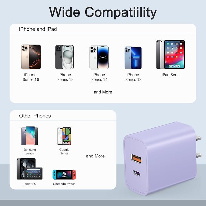 [4 Pack] USB C Charger Block Charging Block Type C Charger | 20W Wall Chargers for iPhone Air/17/17 Plus/17 Pro Max/16/16 Plus/16 Pro Max/15/15 Max/14/13/12/Samsung(Purple) - Image 4