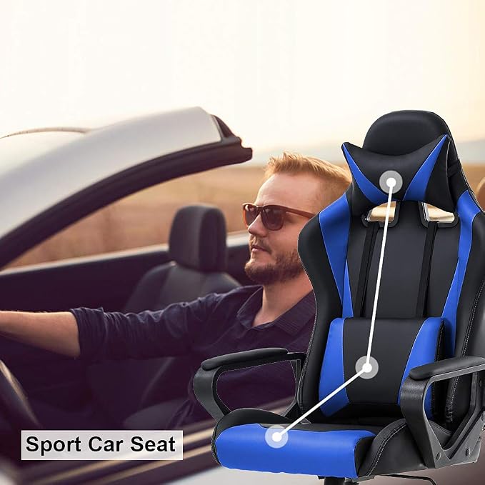 BestOffice Gaming Chair | Blue | Desk Chair with Adjustable Lumbar Support | Headrest Pillow | Ergonomic Racing Style Seat with Recline, Swivel Base & Rolling Wheels | For Gamers, Home, Office - Image 7