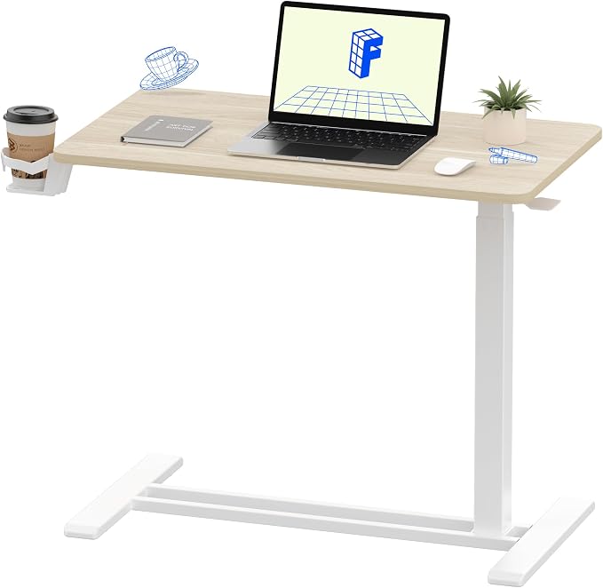 FLEXISPOT H7 32" Pneumatic Height-Adjustable Overbed Table with Wheels | C-shaped bedside table TV Tray,Medical End Side Table,Laptop desk for sofa and home office use,31.5"W x 17.7"D,White Wood by Unknown