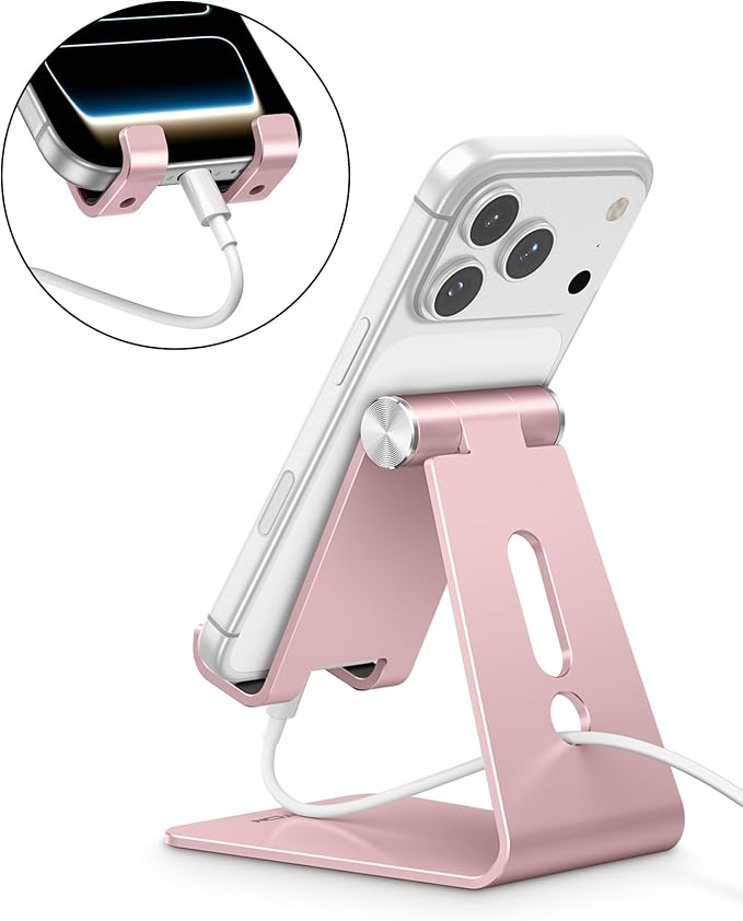 OMOTON Adjustable Cell Phone Stand, C2 Aluminum Desktop Phone Holder Dock Compatible with iPhone 15 14 13 Xs XR 8 Plus 7 6, Samsung Galaxy, Google Pixel, Android Phones, Rose Gold | Sturdy 3mm Aluminum, Charging Port, 270° Adjustable, Non-Slip Silicone... - Image 6