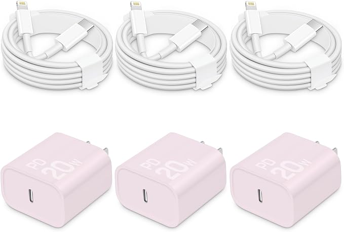 20W Fast Charger for iPhone 14/13/12 [3-Pack, MFi Certified] | USB-C PD power adapter with 6Ft cable, compatible with iPhone 14/13/12/Pro Max/Pro/Plus/Mini, iPad & more - Purple+White by CXX