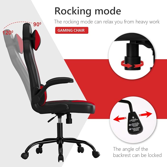 BestOffice | Gaming Chair | Red | PU Leather | with Lumbar Support | Ergonomic Racing Style Desk Chair with Recline, Padded Armrests, Headrest, Swivel & Caster Wheels | for Gamers, Home, Office - Image 7