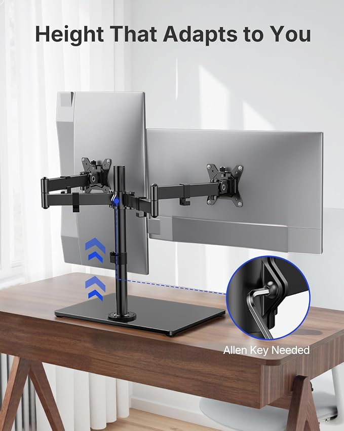 HUANUO Free Standing Dual Monitor Stand for 13-32 Inch Monitors, Glass Base | Free Standing Base, Two Setup Options, Adjustable Dual Arms, 22 lbs per Arm, VESA 75x75/100x100mm, Easy Portrait Rotation - Image 5