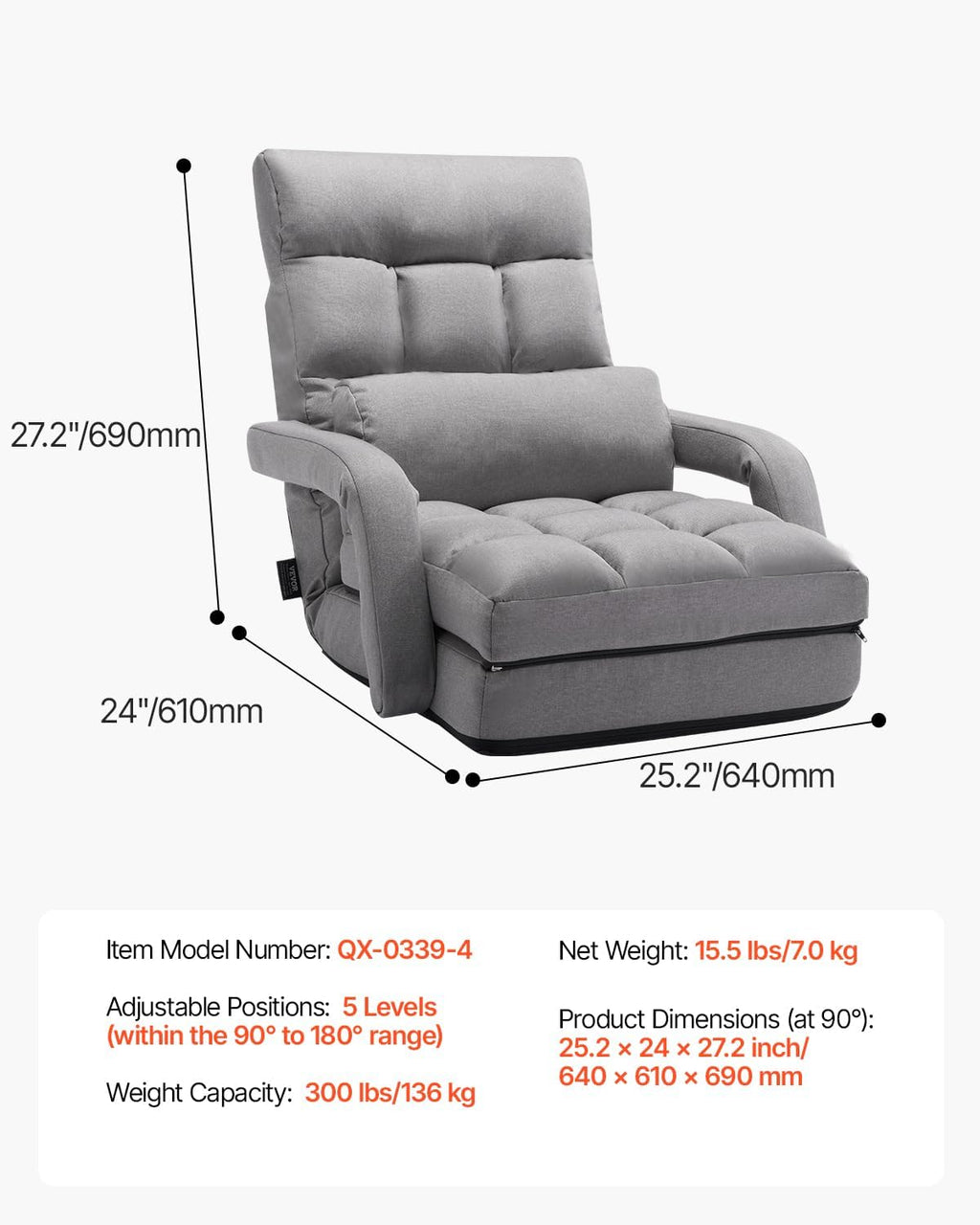 VEVOR Floor Chair, Floor Gaming Chair with 5 Adjustable Position and Back Support, Folding Sofa Chair with Armrest, Sofa Lounger Bed with Back Cushion for Living Room and Bedroom, Gray - Image 3