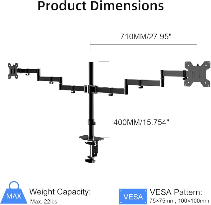 Pholiten Dual Long Monitor Stand Desk Mount for 13-32" Screen | Extra Long Monitor Arm, Fully Adjustable 27.95 inch, Each Arm up to 22 lbs - Image 5