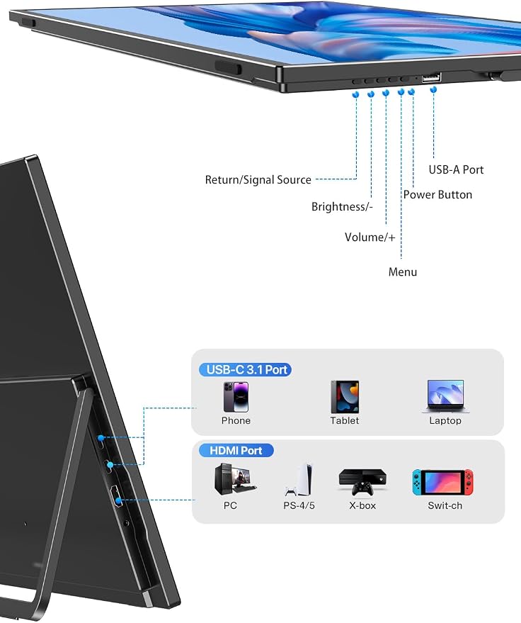 21.5'' Large Portable Monitor for Laptop 100Hz Ultra-Fast IPS Gaming Monitor, QLED 125%sRGB | 2000:1 Contrast | Built-in Stand, Speaker and VESA, USB-C HDMI Second Screen Efficient Work Gaming - Image 8