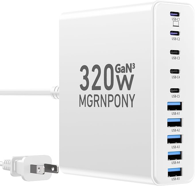 320W USB C Charger Block, MGRNPONY 10-Port GaN USB C Charging Station White | PD 65W Laptop Fast Charger Adapter for MacBook Pro/Air, DELL, iPad, iPhone, Samsung Galaxy by MGRNPONY