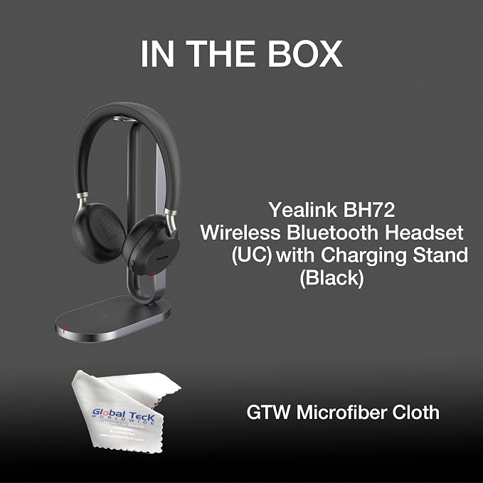 Global Teck Worldwide Yealink BH72 Wireless Bluetooth Stereo Headphones w/Mic, 35-Hour Battery, Wireless Charging, Work from Home Office - Zoom, Meet, Webex, Calls, Noise Cancellation Mic, GTW Cloth - Image 2
