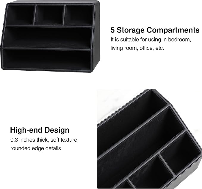 PU Leather Desk Organizer, Remote Control Holder, Black | Luxury Nightstand Organizer for Home, Office Desk Accessories, Bedside Table Caddy with 5 Compartments, Velvet Lining - Image 5