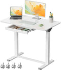 35inch Glass Standing Desk, Height Adjustable with Drawer | Pneumatic Rolling Laptop Desk on Hidden Wheels/Lockable Casters, White Portable Mobile Computer Workstation with Dual Column by GIBBONMOUNTS