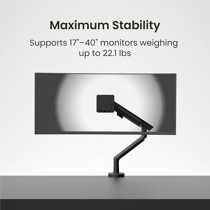 Kanto DM1 Single Monitor Desktop Arm for 17” - 40” Flat, Curved and Ultrawide Monitors | 4.4 to 22 lb Weight Capacity | On-the-Fly Height Adjustment w/Spring Arm | Easy Install | Black - Image 2