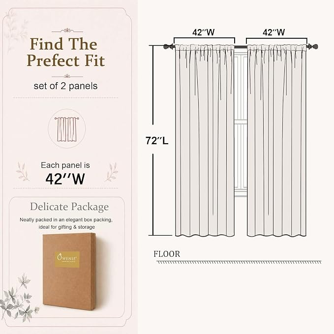 Cream Sheer Curtains 72 Inches Long for Living Room 2 Panels Set | Sheer White Curtains for Bedroom, Rod Pocket Airy Light Filtering Window Treatments, 2pcs, Each Panel 42" Width x 72" Long - Image 4